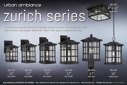 Urban Ambiance Luxury Craftsman Outdoor Wall Light, Medium Size: 17" H x 11" W, with Tudor Style Elements, Highly-Detailed Design, High-End Black Silk Finish and Water Glass, UQL1236
