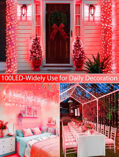 33FT 100 LED Red Valentine Lights, Connectable Red Christmas String Light Waterproof,8 Modes Clear Wire Twinkle Lights Outdoor Plug in for Valentine's Day, Wedding, Party, Christmas Decoration