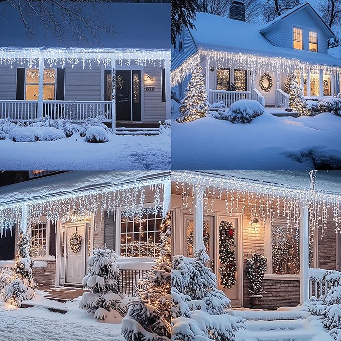 Dazzle Bright Christmas Icicle Lights, 88.5 FT 1080 LED 8 Modes Curtain Fairy Lights with 180 Drops, Xmas String Lights for Outdoor Holiday Wedding Party Decorations (White) (Pack of 2)