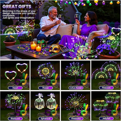 Mardi Gras Solar Lights Outdoor, 4 Pack Solar Garden Lights Outside Fairy Firework Decorative,Solar Powered for Mardi Gras,Yard Pathway Party Balcony Patio Decor (Purple, Green, Yellow)