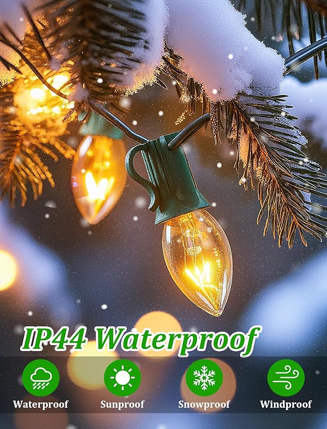 C7 Clear Christmas Lights 25FT, C7 Outdoor Patio String Lights with 27 Warm White Bulbs, Vintage Christmas Tree Lights for Roofline Roof Party Garden Decoration (Green Wire)