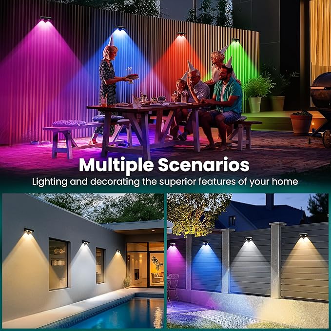Solar Fence Lights Outdoor, Solar Wall Lights 9 Fixed Colors ＆ Color Changing Modern Solar Powered Deck Lights for Halloween Step Stair Patio Backyard Porch Railing decor, IP65 Waterproof (12 Pack)
