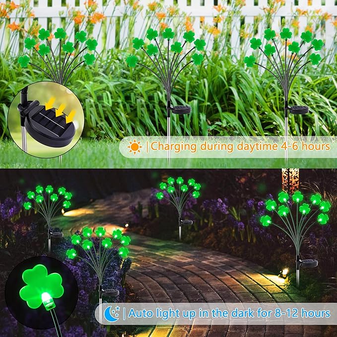 2 Pack St Patricks Day Decorations Solar Outdoor Lights, 18 LED Lucky Green Shamrock Irish Firefly Solar Lights, 2 Modes Waterproof St Patricks Day Light for Yard Garden Lawn Pathway Decor