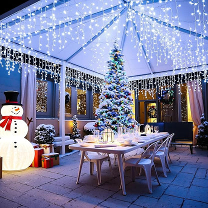 Icicle lights Outdoor - 33ft Christmas Lights with 400LED 75 Drops 8 Modes, Plug in Curtain String Lights Waterproof for Holiday Wedding Party Home Garden Bedroom Indoor Outdoor Decoration, Cool White