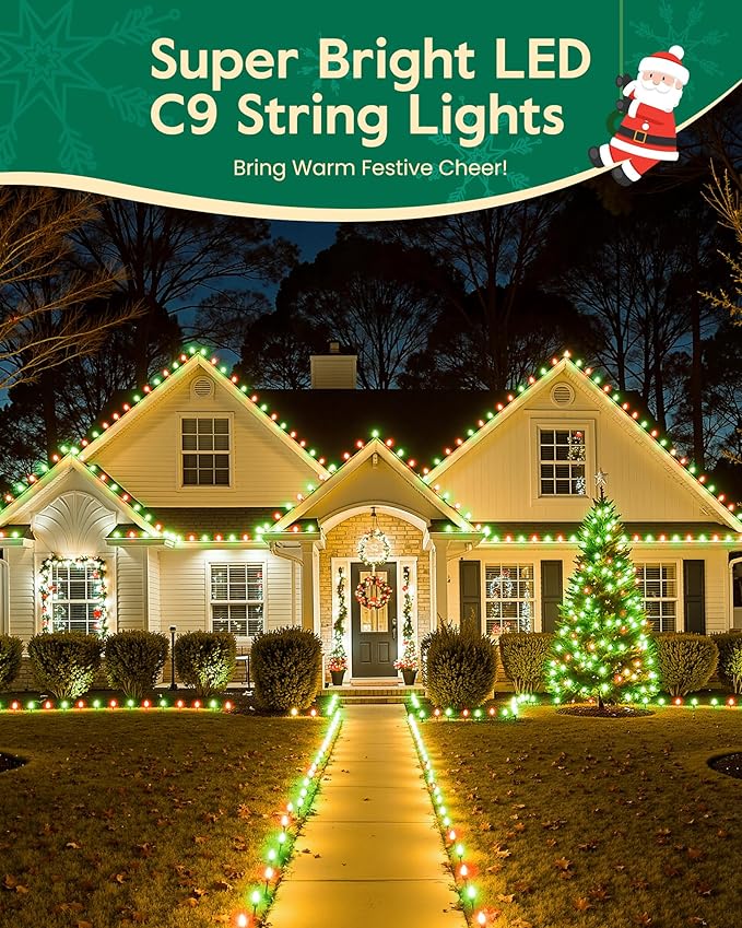 C9 LED Christmas Lights Outdoor with 110 Spring Clips, 65FT 110 LED C9 String Lights Waterproof Connectable for Roofline Patio House Yard Windows Xmas Tree Indoor Outdoor Christmas Decor, Red Green