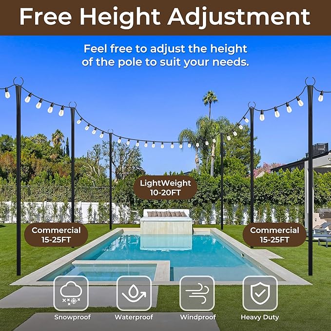 10 Ft String Light Poles for Outside, 6 Pack Heavy-Duty Metal Poles for Outdoor Hanging Lights with Fence Brackets | Lumora