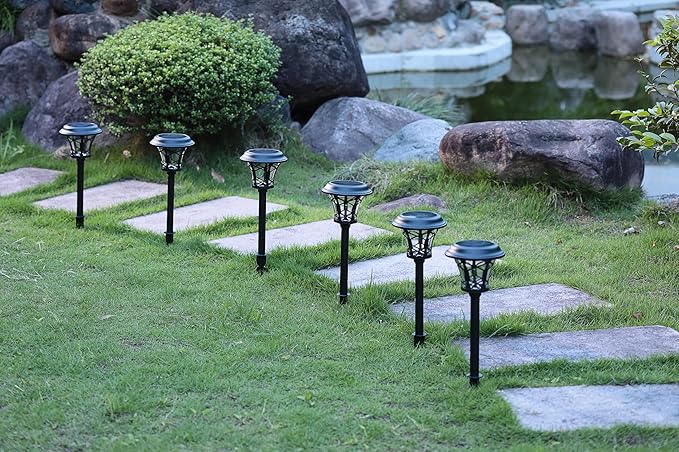 6-Pack Solar Post Lights, Outdoor Pathway & Fence Lights with Warm White 3000K LED, Auto On/Off Dusk to Dawn, Matte Black Metal & Glass, Tool-Free Installation, IP45 Waterproof [W58341]