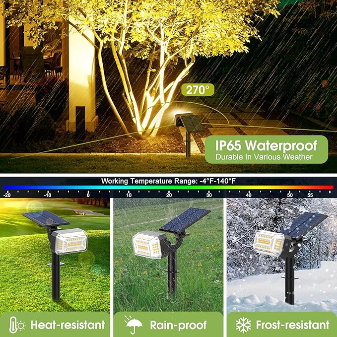 102 LED Solar Spot Lights Outdoor Waterproof IP65, Adjustable Landscape Spotlights, [2 Pack/4 Modes] Auto On/Off | Lumora