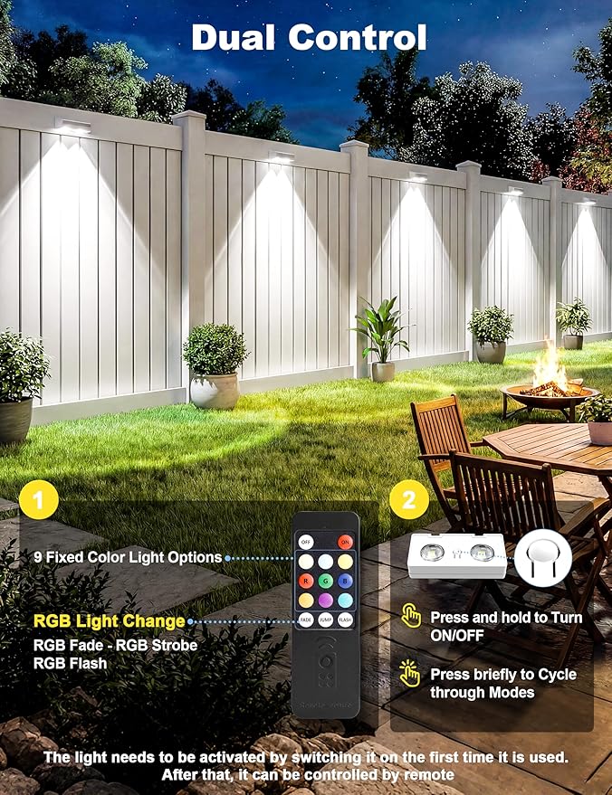 Solar Fence Lights Outdoor with Remote, 8 Pack, 9 Fixed Colors ＆ Color Changing Solar Lights Outdoor Waterproof IP65 Dusk-to-Dawn Vinyl Fence Lights for Patio, Railing, Pool, Porch, Backyard