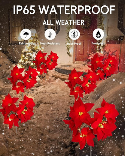 Solar Christmas Flower Lights-IP65 Waterproof XS Pathway Lights,Outdoor Christmas Decorations with 7 Bouquets/1 Stake,Unique Flower Design Complement The Christmas Trees for Garden/Yard/Patio,2 Packs