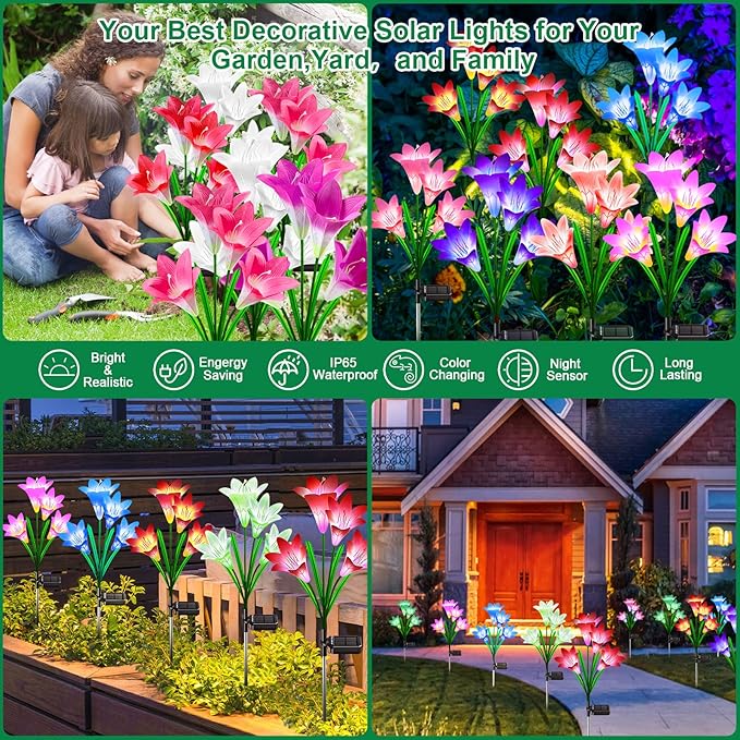 KuBace Solar Outdoor Lights Garden Decor, 6 Pack Upgraded Solar LED Flower Lights with 24 Bigger Lily Flower Lamp, 7 Color Changing Waterproof Solar Powered Flowers for Garden Yard Decor, Gift