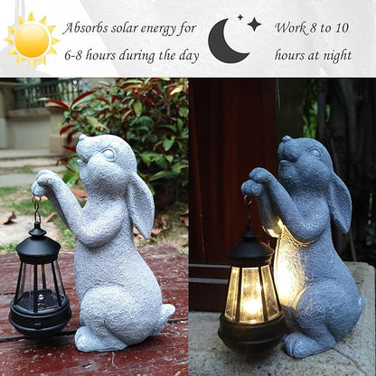 Rabbit Solar Garden Outdoor Statues,Resin Rabbit Figurine Decorations with Solar Lights Lantern, Outdoor Resin Bunny Decor for Lawn,Yard, Unique Housewarming Gift for Garden Home