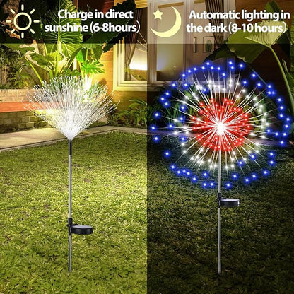 4th of July Decorations Outdoor 4 Pack Colored Solar Firework Lights with 180 LED Patriotic Solar Lights 8 Lighting Modes for Yard Pathway Garden Patio Party Decorations(Red, White, Blue)