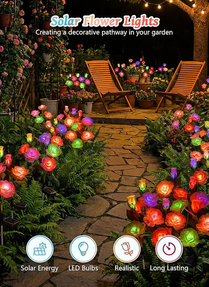 Brightown Outdoor Solar Flower Lights, 4 Pack 7-Color Changing Solar Garden Lights with Larger & More Realistic Rose, Bigger Solar Panel, Waterproof Solar Lights for Yard Garden Lawn Pathway Decor
