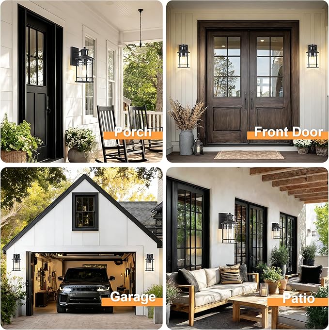 OKELI Motion Sensor Outdoor Wall Lights-Dusk to Dawn Porch Light,Black Outdoor Lights Fixture,3 Lighting Modes Waterproof Anti-Rust Outdoor Lights for House Porch Garage (2 Pack