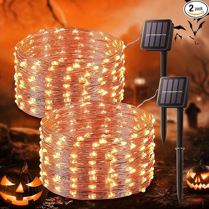 2 Pack Orange Solar Fairy Lights Outdoor,Each 33ft 100 LED Solar Powered Halloween String Lights,Waterproof Copper Wire Twinkle Light for Thanksgiving Christmas Trees Party Yard Decor