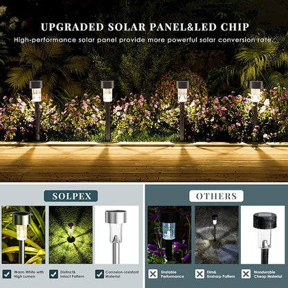 SOLPEX 24 Pack Solar Outdoor Lights Pathway, Stainless Steel Solar Lights Outdoor Waterproof,LED Landscape Lighting Solar Walkway Lights for Landscape/Patio/Lawn/Yard/Driveway-Warm White