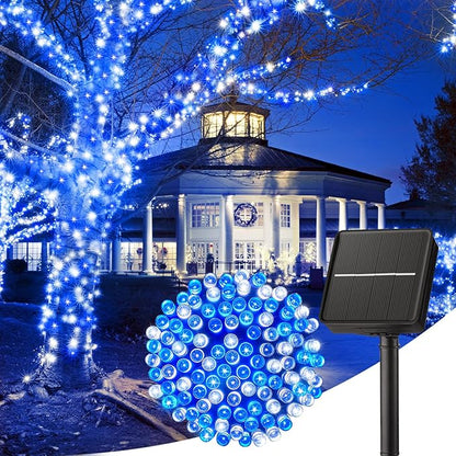 Minetom Solar Christmas Lights Outdoor Waterproof - 40FT 100 LED With 8 Modes - Decoration for Outside House, Tree, Party, Yard - Blue & Pure White