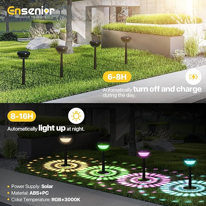 Ensenior Solar Pathway Lights IP65 Waterproof, RGB Color Changing & 3000K Warm White, 8-16Hr Runtime, Flower | Lumora