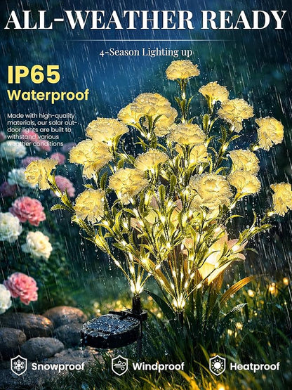 GIGALUMI Solar Lights Outdoor for Garden Decor, 4 Pack Solar Flower Lights Waterproof, 2 Lighting Modes 28 Carnation Flowers for Pathway,Yard, Patio Decoration, Gardening Gifts for Women (White)