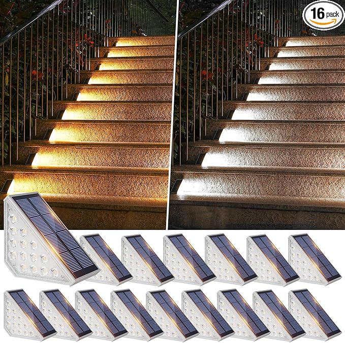 Solar Stair Lights Outdoor Waterproof 16-Pack, Upgraded 2-in-1 LED Warm White and Cool White Solar Powered Step Light for Outside, IP67 Auto On/Off Solar Lights for Front Sidewalk Yard Patio Porch