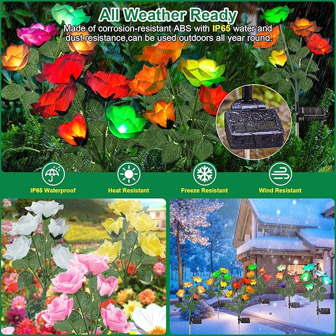 Solar Lights Outdoor Waterproof, 2026 Upgraded Solar Garden Lights with Beautiful & Realistic Rose Flowers, 7 Color Changing Outdoor Solar Lights for Outside Yard Porch Patio Garden Decor, 3 PK