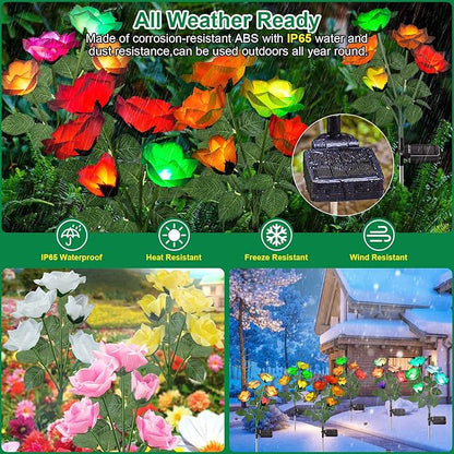 Solar Lights Outdoor Waterproof, 2026 Upgraded Solar Garden Lights with Beautiful & Realistic Rose Flowers, 7 Color Changing Outdoor Solar Lights for Outside Yard Porch Patio Garden Decor, 3 PK