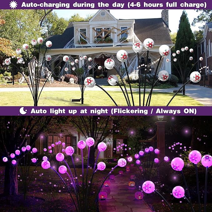 Halloween Decorations Solar Outdoor Lights,2PACK 20LED Solar Scary Eyeball Halloween Pathway Lights,Waterproof Purple Solar Lights Outdoor for Horror Decor/Patio/Garden/Yard/Party/Lawn