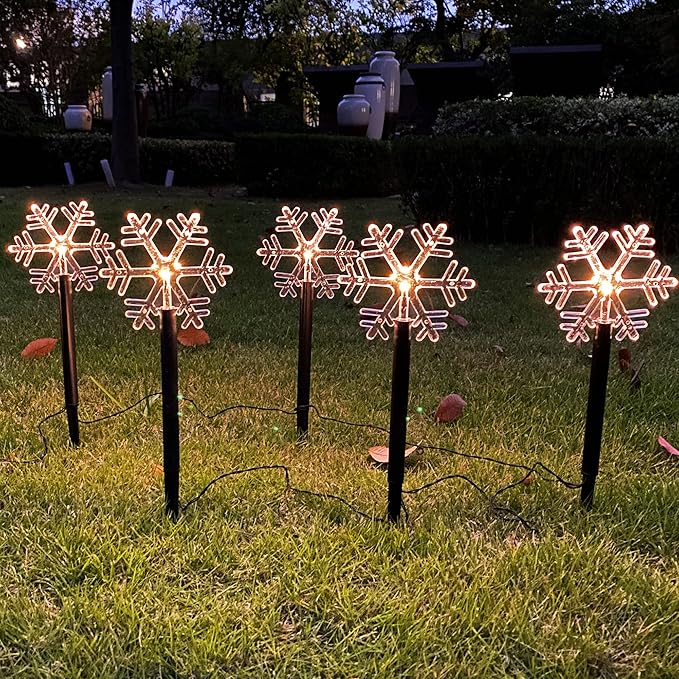 5 Pack Solar Christmas Snowflake Pathway Lights 6.3 Ft Total Outdoor Waterproof Landscape Lights Christmas Decorations for Pathway Garden Walkway Yard Lawn Patio (Warm White)