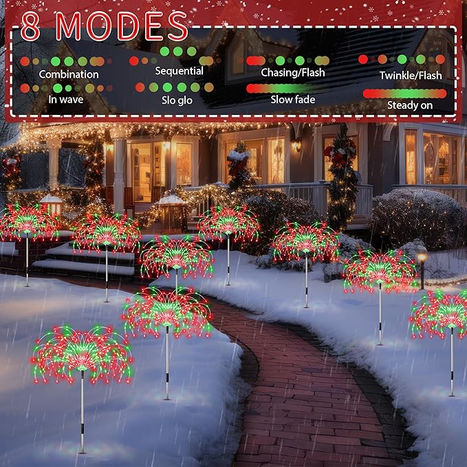 Enhon 4 Pack Plug in Christmas Pathway Firework Lights, 1440 LED Waterproof Xmas Garden Starburst Stake Lights with 8 Modes for Driveway Walkway Yard Lawn Patio Decorations(Red, Green)