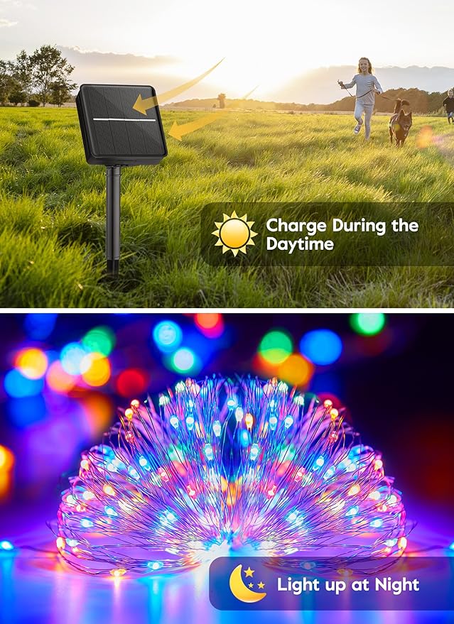 Minetom Solar String Lights for Outside, 33Ft 100 LED Outdoor Solar Fairy Lights, 8 Modes Balcony Lights for Tree | Lumora