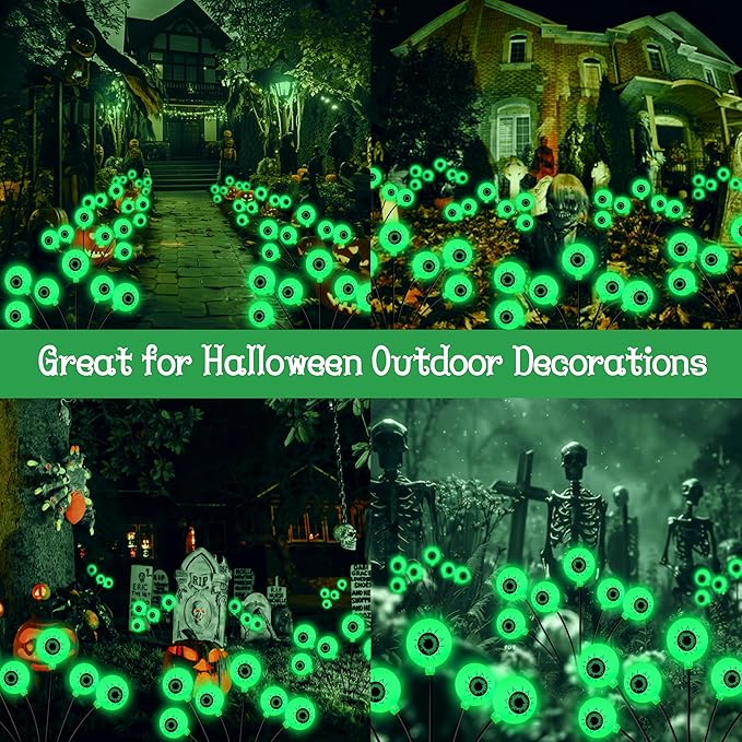 Kohlrabi Halloween Decorations Outdoor, 4 Pack 24 LED Solar Scary Eyeball Swaying Lights, Green Solar Firefly Lights Waterproof Outdoor Garden Light for Halloween Yard Garden Lawn Party Flower Bed