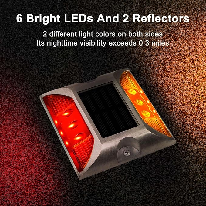 Aolyty Solar Driveway Lights Outdoor, Bright Solar Dock Lights, LED Warning Lights Reflective Road Marker Steady Light IP65 Waterproof for Deck Sidewalk Stair Step Pathway (Yellow & Red, 2 Pack)