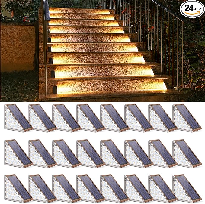 NIORSUN Outdoor Stair Lights 24 Pack, Solar Step Lights IP67 Waterproof with 13 Bright LEDs, 3000K Warm White, Auto On/Off, Triangular Design for Steps, Deck, Patio, Yard, Porch, Sidewalk