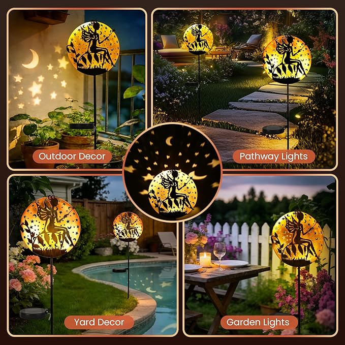 Fairy Garden Solar Lights Outdoor Disk Silhouette Stakes, Waterproof Outdoor Metal Decor Gifts for Women Mom, Art Cut-Out Disk Fairy Sculpture for Yard, Patio, Garden, Porch, 1 Pack