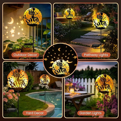 Fairy Garden Solar Lights Outdoor Disk Silhouette Stakes, Waterproof Outdoor Metal Decor Gifts for Women Mom, Art Cut-Out Disk Fairy Sculpture for Yard, Patio, Garden, Porch, 1 Pack