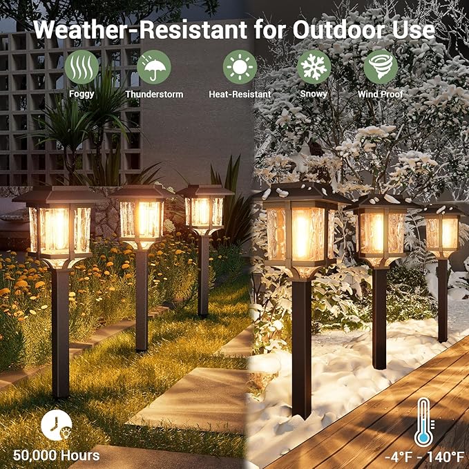 XMCOSY+ Solar Lights Outdoor Waterproof IP65 10/25 LM LED with 2 Lighting Modes 6 Pack | 15 LM Garden Lights with Metal Glass, 2-Tone Bronze & Wood (Color) Pathway Lights 4 Pack (Warm White)