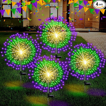 4th of July Decorations Outdoor 4 Pack Colored Solar Firework Lights with 180 LED Patriotic Solar Lights 8 Lighting Modes for Yard Pathway Garden Patio Party Decorations(Green, Yellow, Purple)