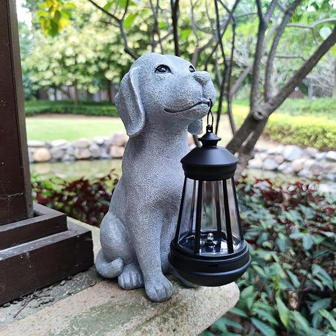 Dog Solar Garden Statues,Resin Dog Figurine Decorations with Solar Lights Lantern, Outdoor Decor Art for Lawn,Yard,Unique Housewarming for Garden Home