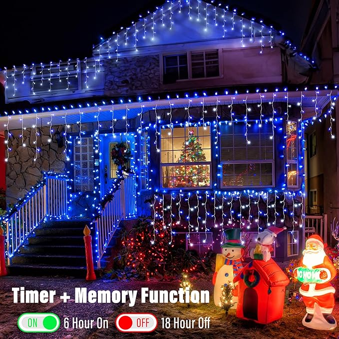 Joomer Christmas Icicle Lights - 33FT Plug in String Lights Waterproof, 8 Modes Timer Connectable Outdoor String Light for Christmas Party, Eaves, Roofs, Xmas Decorations (White+Blue)