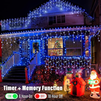 Joomer Christmas Icicle Lights - 33FT Plug in String Lights Waterproof, 8 Modes Timer Connectable Outdoor String Light for Christmas Party, Eaves, Roofs, Xmas Decorations (White+Blue)