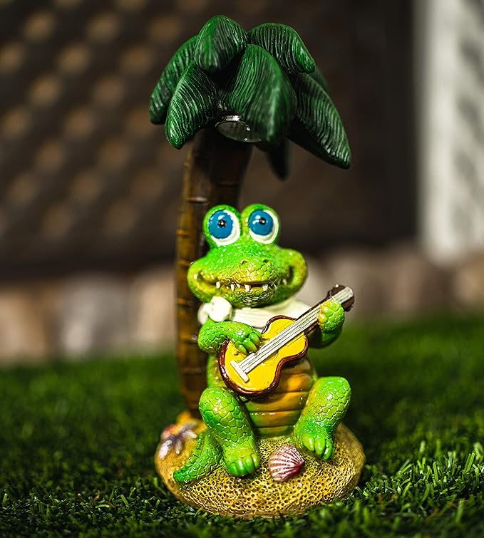 Crosslight Solar Crocodile Playing Guitar Under a Palm Tree Yard Light Decoration, Weatherproof with White LED's