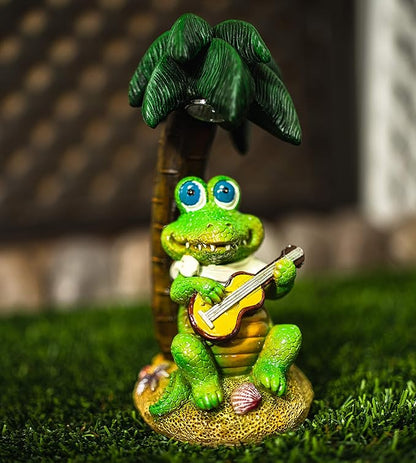 Crosslight Solar Crocodile Playing Guitar Under a Palm Tree Yard Light Decoration, Weatherproof with White LED's