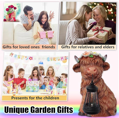 Garden Highland Cow Statue Solar Outdoor Decor with Flower Decoration，Funny Triple Highland Cow Decor Birthday Gifts for Women Mom，Highland Cows Figurine for Yard Garden Patio Lawn Ornaments