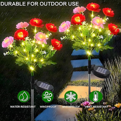Solar Flowers Lights, 2 Pack Solar-Powered Outdoor Light with 14 Blooming Flowers, Waterproof Lights for Outside Yard, Garden, Pathway, Walkway, Patio, Lawn, Cemetery, Grave Decor