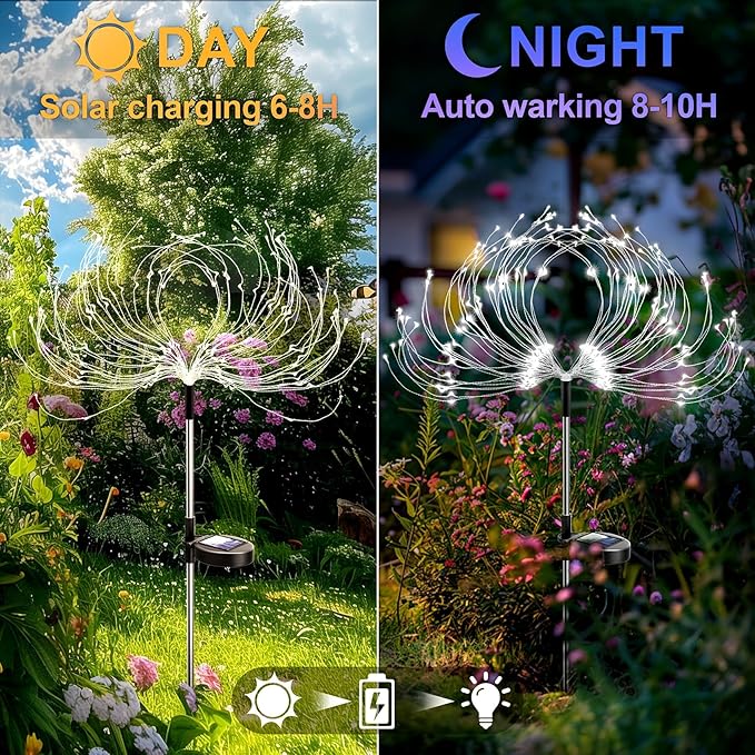 Anordsem Solar Garden Lights Outdoor: Flexible Copper Wire 120 LED Firework White 2 Pack - Waterproof DIY Decorations for Yard Pathway Patio - Gardening Gifts for Women Gardeners Homeowners