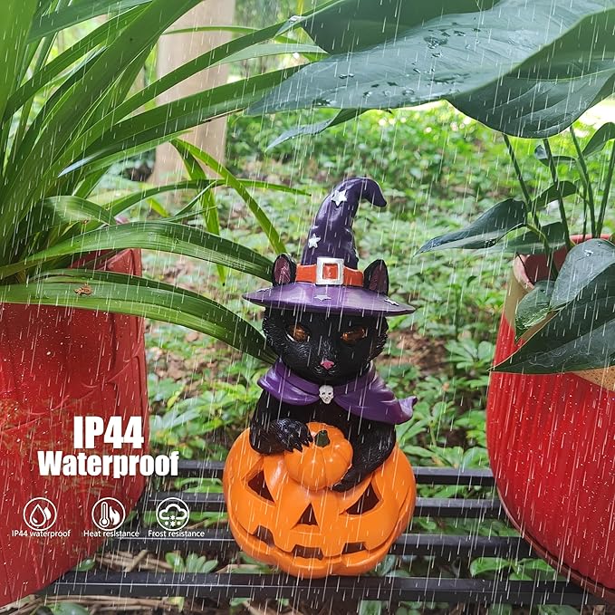 Solar Witch Black Cat Figurine Light for Gothic Theme Party, Solar Outdoor Lights Harvest Pumpkin LED Spooky Cat Garden Statue Led Yard Light Patio Porch Pathway, Fall Decor Home Gifts for Cat Lovers