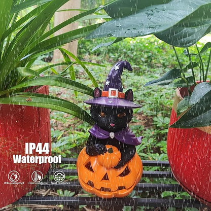 Solar Witch Black Cat Figurine Light for Gothic Theme Party, Solar Outdoor Lights Harvest Pumpkin LED Spooky Cat Garden Statue Led Yard Light Patio Porch Pathway, Fall Decor Home Gifts for Cat Lovers