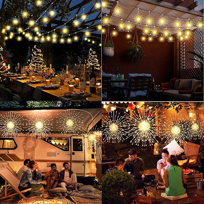 Firework Lights Waterproof Hanging, 200 LED Battery Operated Decorative String Lights Outdoor for Wedding, Party, Backyard, Patio Indoor Fairy Night Light for Home Decor, Bedroom Rechargeable, 4 Pack