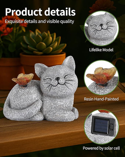 Solar Cat Garden Statue with Butterfly Light – 5-Inch Outdoor Resin Figurine for Yard, Patio, Balcony – Gifts for Women, Garden Decor Accent (Cat)